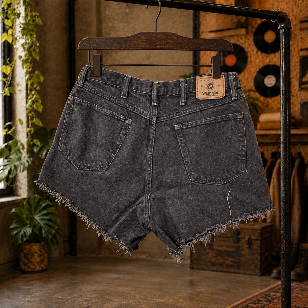 XL Vintage Wrangler Black Denim Cut Off Shorts High Waisted Frayed Faded Black